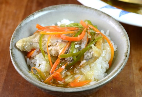 ご飯,イトヒキアジの甘酢あんかけ